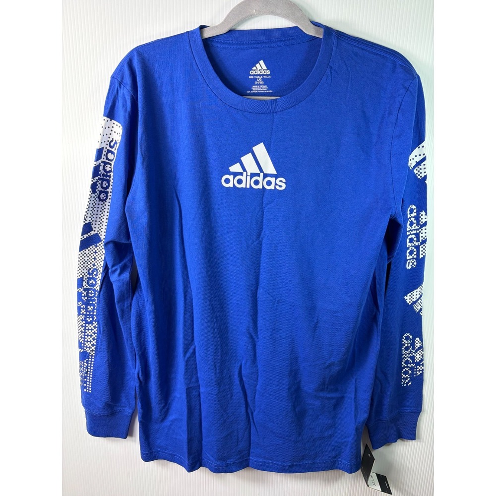 adidas Boys Long Sleeve T-Shirt Youth L 14/16 Blue Logo Sleeve Print Tee School